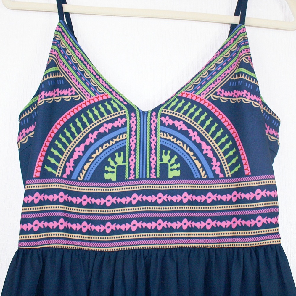 Tribal Print Navy Chiffon Fit & Flare Dress NWOT - Picture 4 of 8